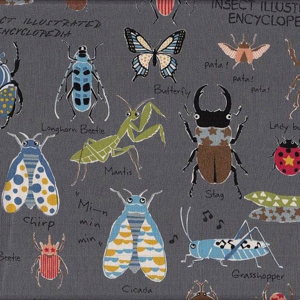 Insect Encyclopedia grau Japan Stoff Baumwollstoff Baumwolle 50cm x 110cm 19,90 Eur/m Meterware