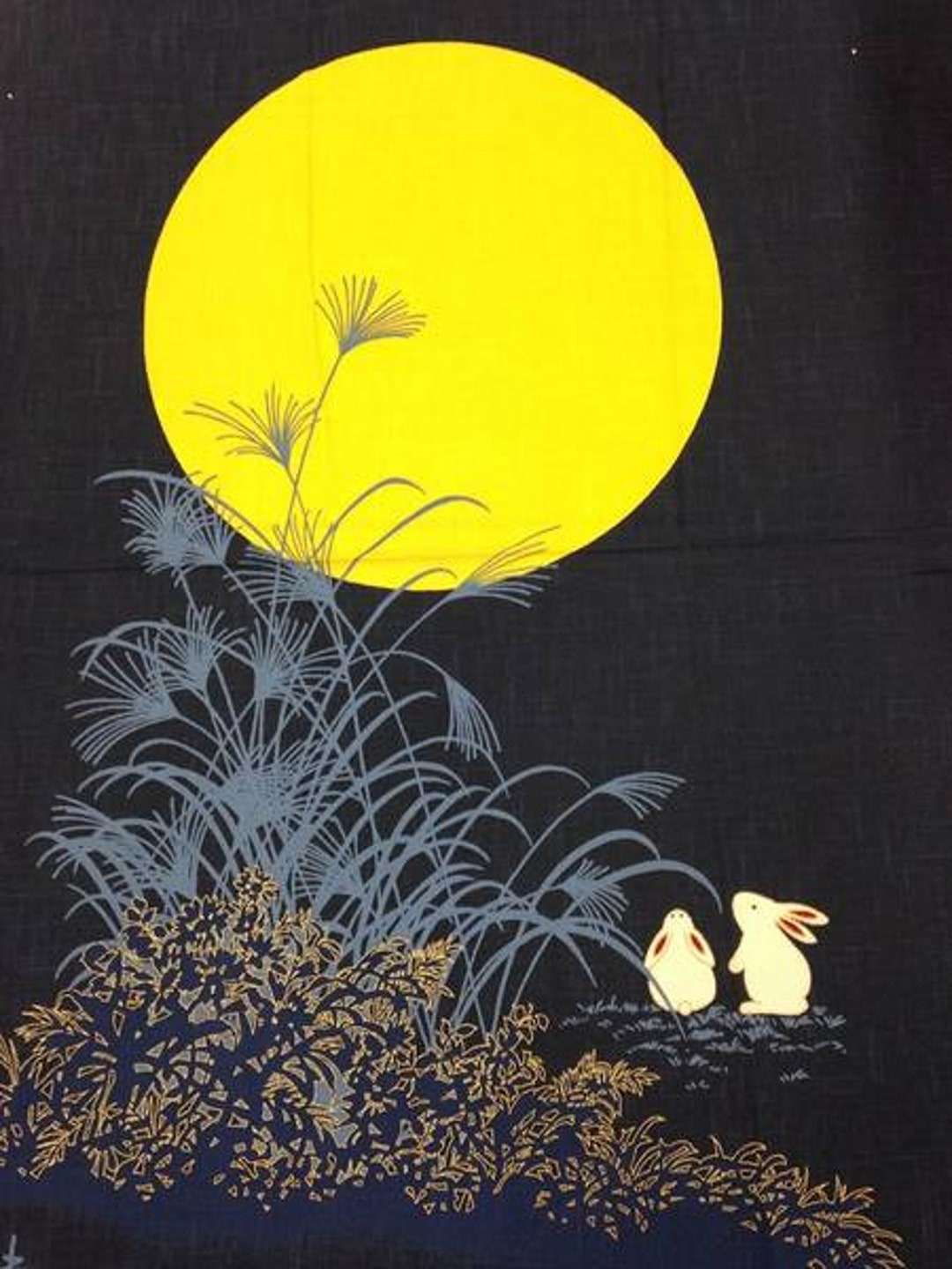 Japanese Moon Rabbit Red Panel Moon Rabbit for Japanese Noren, Japanese Fabric, Cotton, 45 Cm X ...