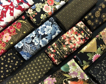 Traditional Japanese fabric, black and gold, crane, koi, sakura, Japan, cotton, 50 cm x 110 cm, €22.90/meter, cotton fabric by the meter
