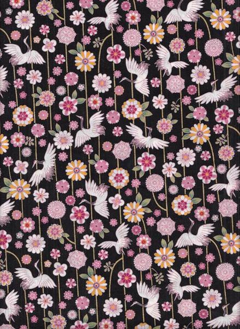Crane /& Flowers Black Japan Fabric Cotton Fabric Cotton 50cm x 110cm AC3023a 19.00 EurMeter Fabric Suitable for Face Mask