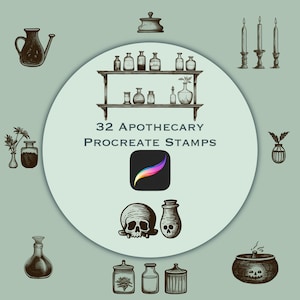 32 Apothecary Procreate Stamps + 8 Empty Shelf Stamps - Procreate, Brush set, Ephemera, Junk Journaling, Scrapbooking, MidJourney, AI Art