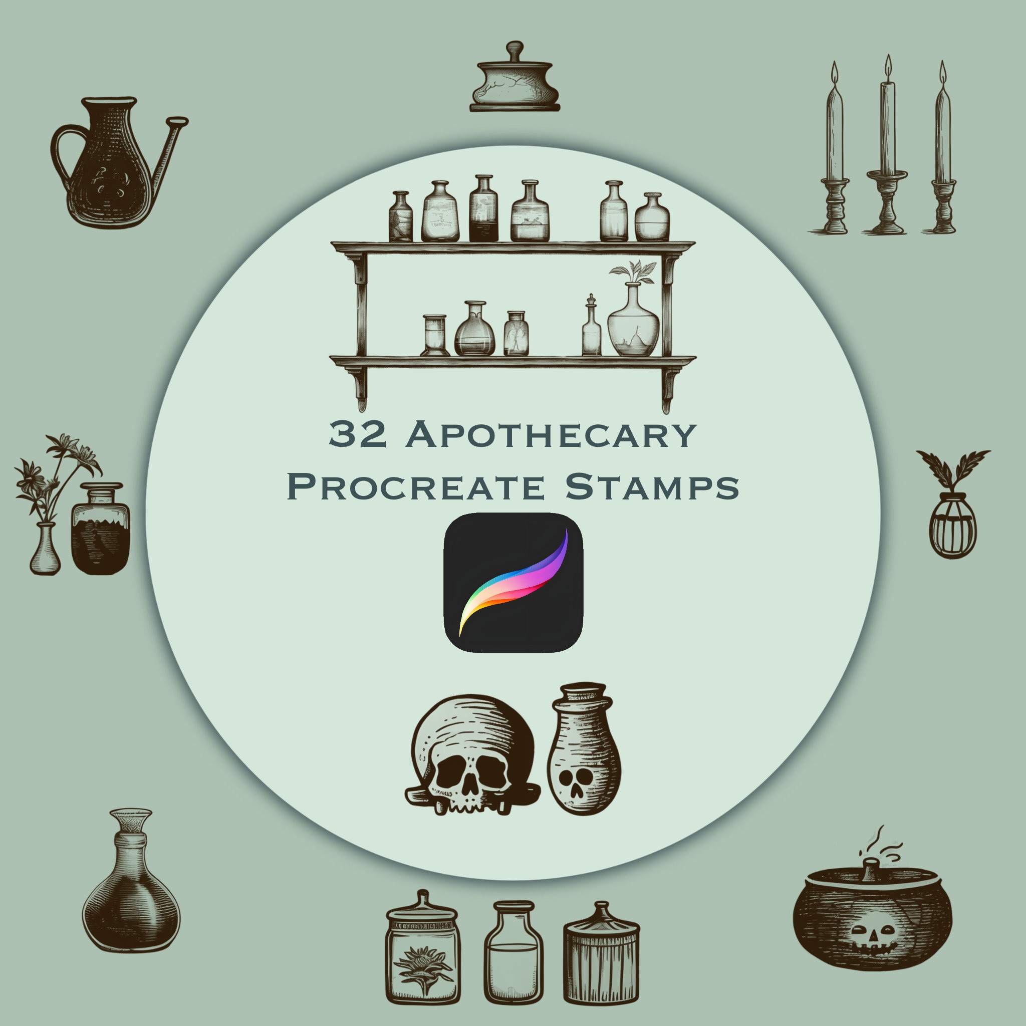 40 Apothecary Procreate Stamps Set: 32 Vintage Apothecary + 8 Empty Shelves Brush Set for iPad