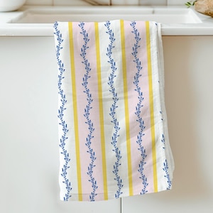 Floral Tea Towel Cotton Kitchen Accent Pink Blue Flower Print Farmhouse Home Bundle Gift Women Boho Cooking Decor Linen Botanical Design