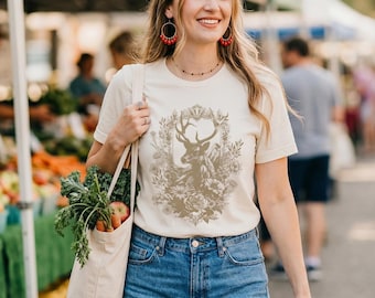 T-Shirt mit Hirschmotiv und Blumenmuster im Cottagecore-Stil, inspiriert von der Natur im Boho-Stil, Vintage-Shirt mit Wildtiermotiv, erdiger Look, lässiges Boho-Top