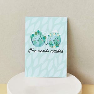 Tarjeta de aniversario para pareja, saludo romántico, regalo, tarjeta de compromiso original, tarjeta imprimible con temática de naturaleza, mensaje sincero descargable de "Dos mundos".