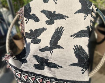 Crow Woven Blanket Gothic Raven Throw Geometric Pattern Dark Academia Home Decor Neutral Couch Throw Witchy Aesthetic Unique Gift Idea