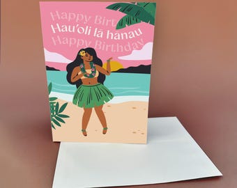 Carte d'anniversaire hawaïenne numérique Aloha carte de voeux d'anniversaire Tropical Beach Girl Design imprimable Message de joyeux anniversaire hawaïen coucher de soleil Hula