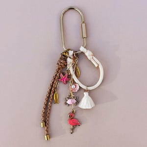 Beachy Bag Charm: Flamingo, Seashell, & Leather Purse Accessory
