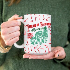 Funny Christmas Raccoon Mug Quirky Holiday Coffee Cup Retro Xmas Mug Candy Cane Design