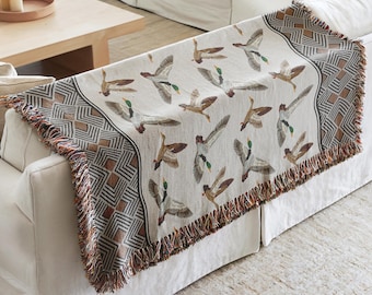 Coperta moderna in cotone grezzo con motivo germano reale, decorazione geometrica a tema fauna selvatica, ideale per casa sul lago, lodge, divano, divano, regalo, tessuto sportivo, interni di cabina.