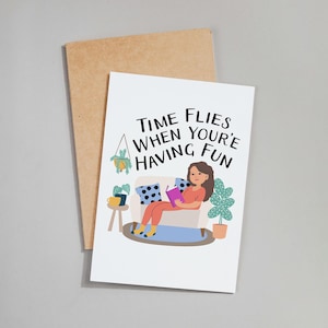 Lecture carte de voeux amateur de livres, cadeau pour ami, carte Art imprimable Illustration minimaliste, idée cadeau, message d'anniversaire, décoration murale plante