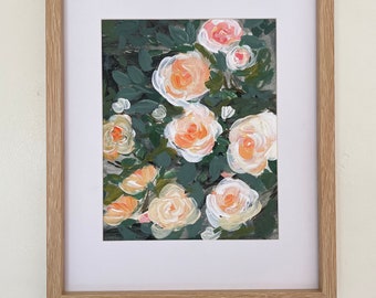 Rose garden painting | white and orange rose painting | floral art print | spring flower painting | moody floral art print |, ROSE BUSH