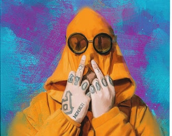 May include: A painting of a person wearing a bright orange hooded jacket with their face obscured by the hood. The person is wearing sunglasses and has tattoos on their hands. The background is a blue and purple abstract design.