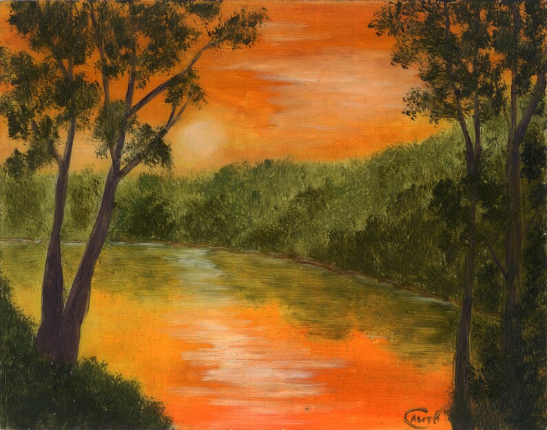 Orange sunset oil painting tropical landscape rich colors Etsy