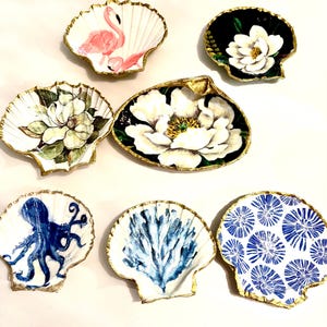 Clamshell and Oyster Decoupage Trinket/Jewelry Ring Dish Bridal Shower Favors Beachy Gifts Beach Wedding