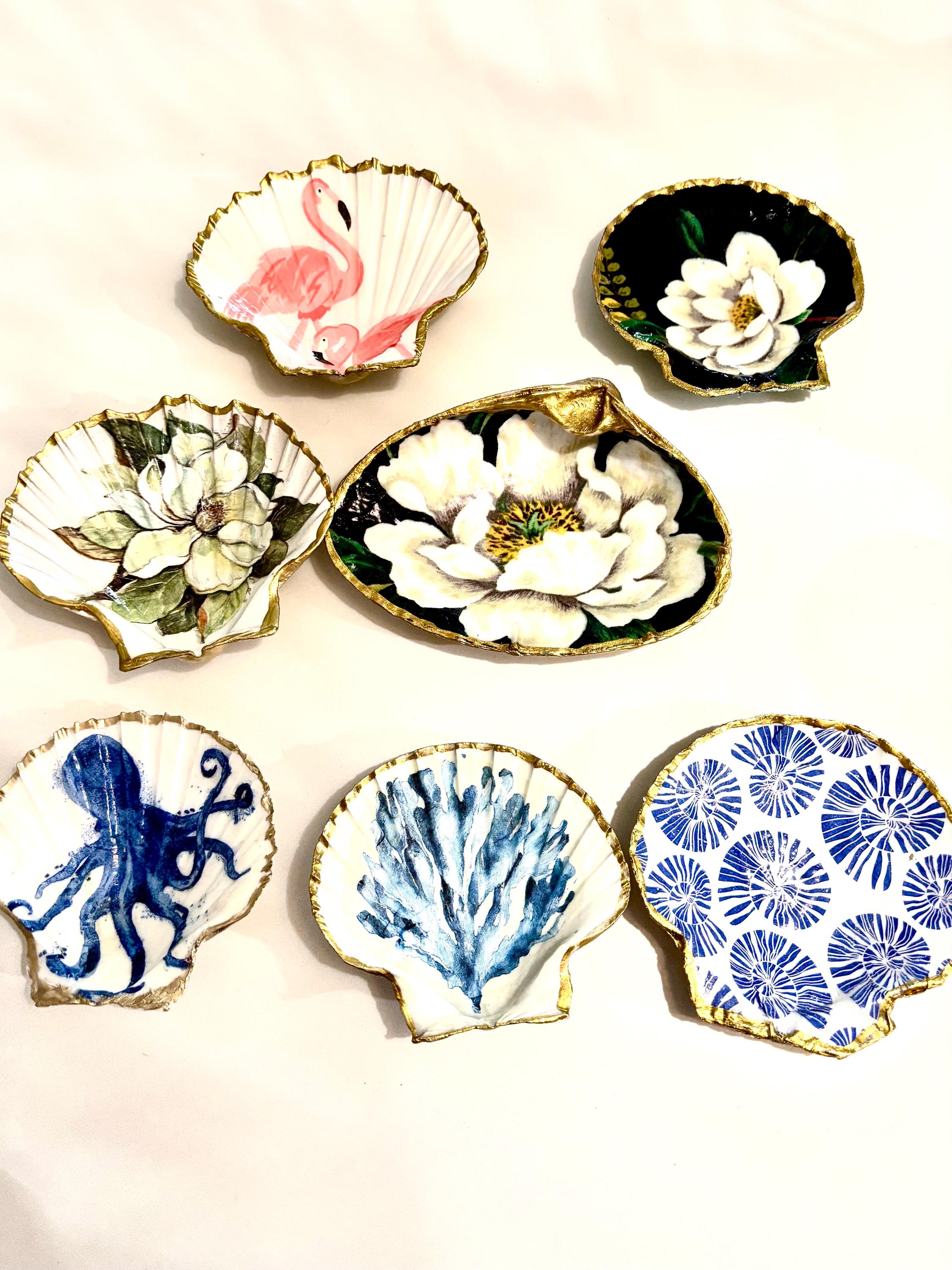 Clamshell and Oyster Decoupage Trinket/Jewelry Ring Dish Bridal Shower Favors Beachy Gifts Beach Wedding