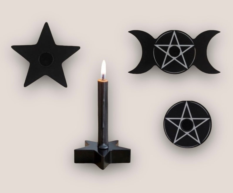 Black spell tapered protection candles triple moon and image 1