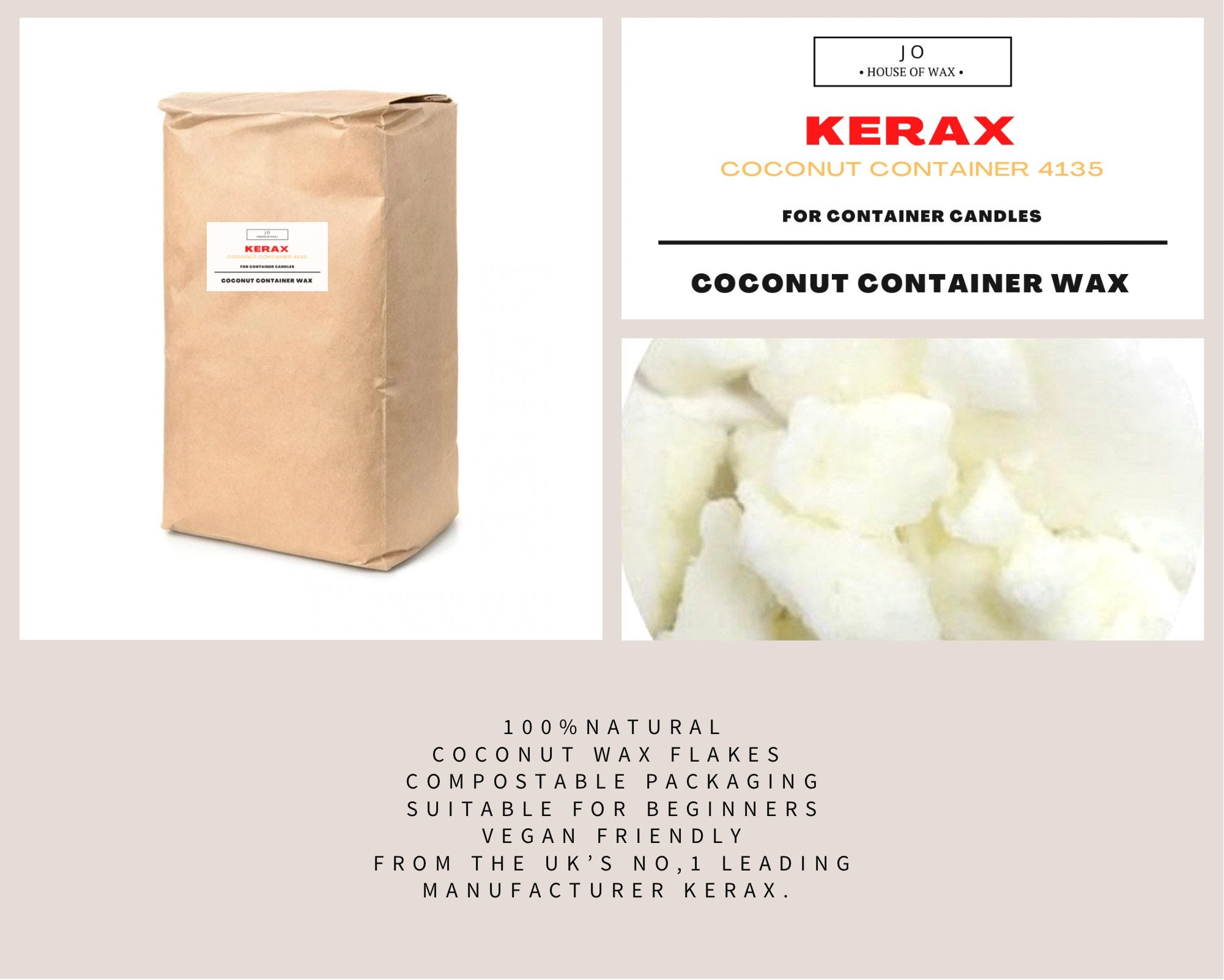 100% Organic pure coconut wax,- nothing added, hydrogenated