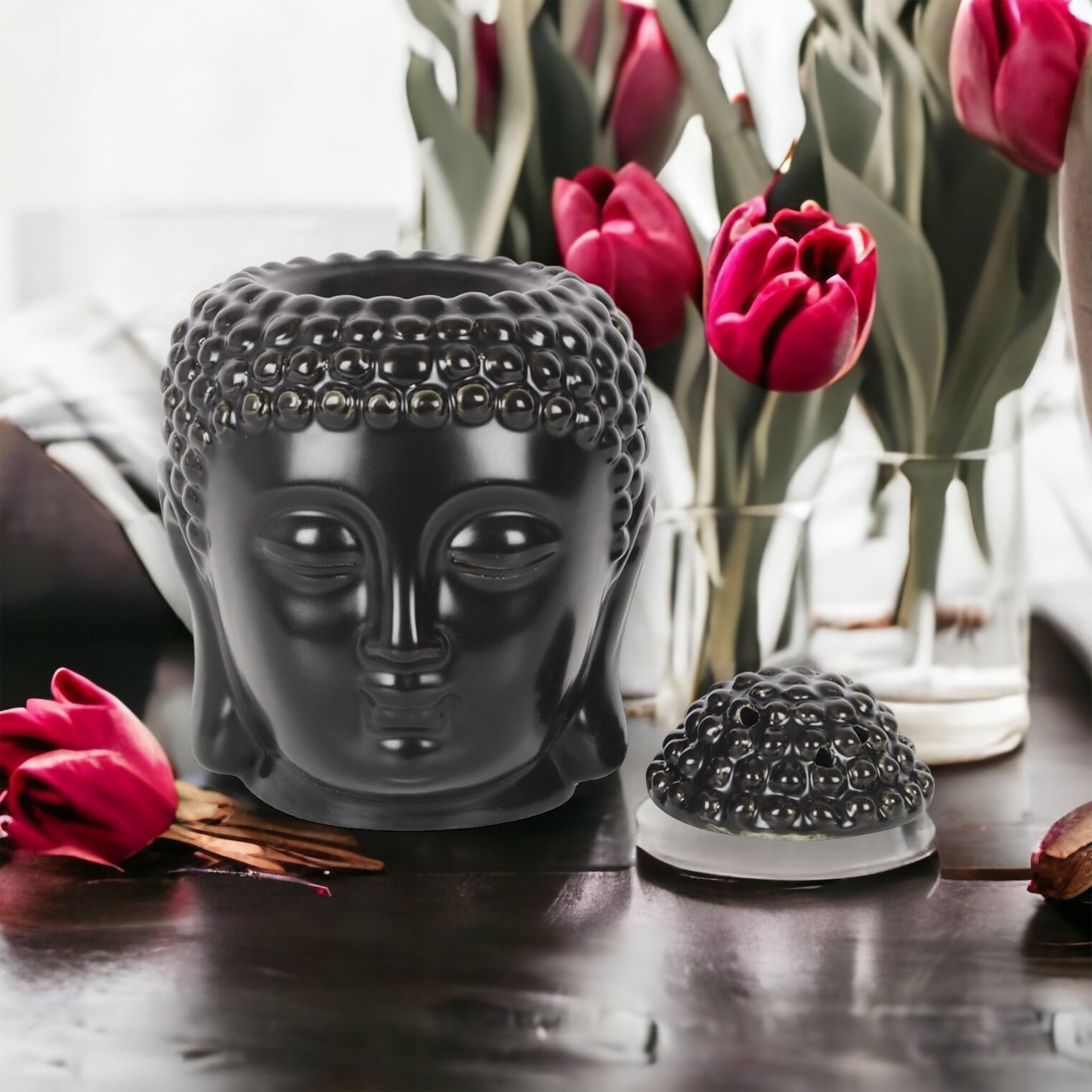 Medium ceramic black Buddha Head Oil wax melt Burner home fragrance home decor gifts for home gifts for friends home accessories