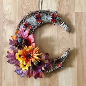Monarch Moon Witchy Fall Leaves Sunflower Cottagecore Butterfly Moon Wreath - One of a Kind, 100% Handmade - Ready to Ship