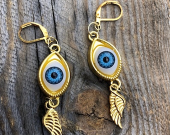 Customizable Evil Eye Gold Drop Earrings with Accurate Angel Seraphim Wings