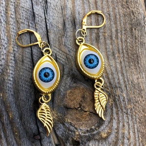 Customizable Evil Eye Gold Drop Earrings with Accurate Angel Seraphim Wings