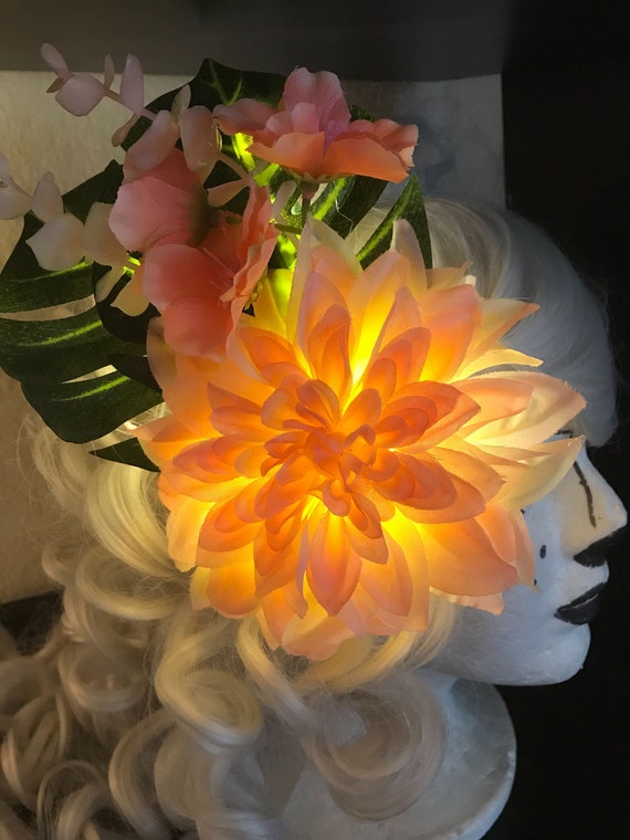 LED Illuminated Light Up Tropical Plumeria and Papaya Festival Hair Clip