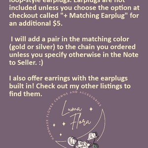 May include: A purple informational graphic with light-colored text explaining chain earrings for loop-style earplugs. The bottom features a circular logo with the text Luma Flora, Handmade Flower Crowns and Accessories, and a floral illustration.