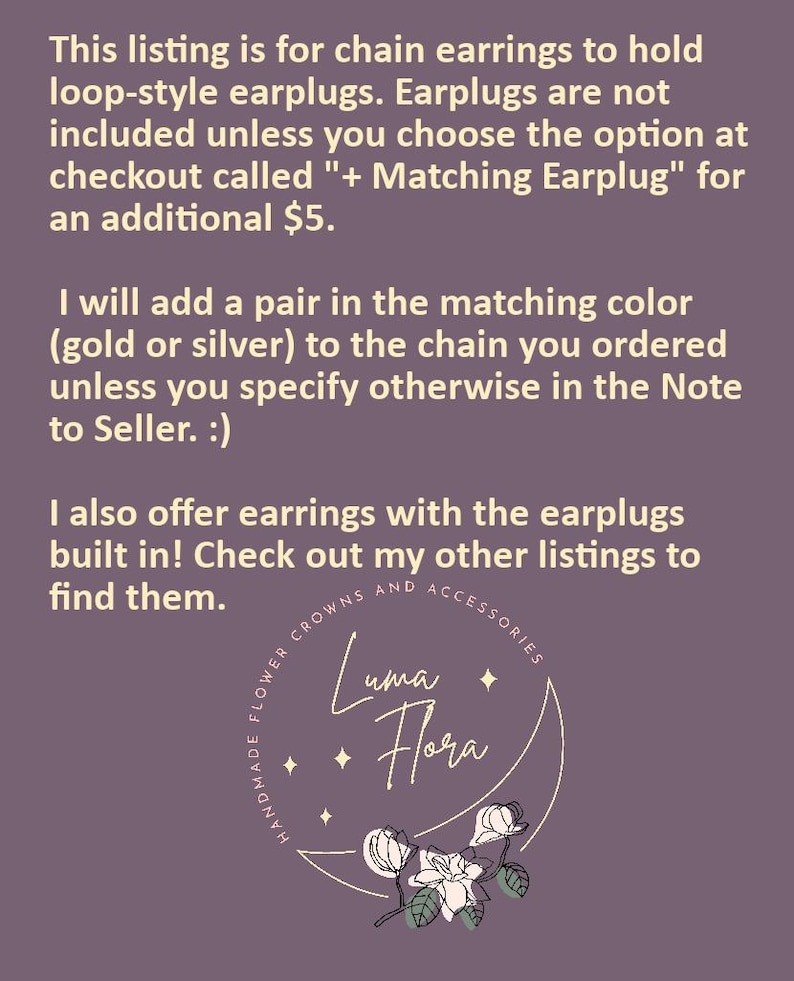 May include: A purple informational graphic with light-colored text explaining chain earrings for loop-style earplugs. The bottom features a circular logo with the text Luma Flora, Handmade Flower Crowns and Accessories, and a floral illustration.