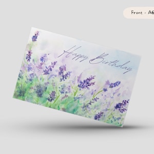 Biglietto di auguri di buon compleanno / Dipinto ad acquerello di lavanda / Interno vuoto / Biglietti per amici / Biglietti floreali / Biglietto di auguri A6