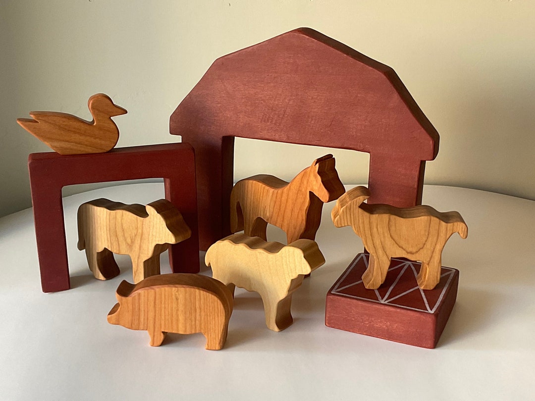 Handmade Wooden Barn With Farm Animals Toy Set - Etsy