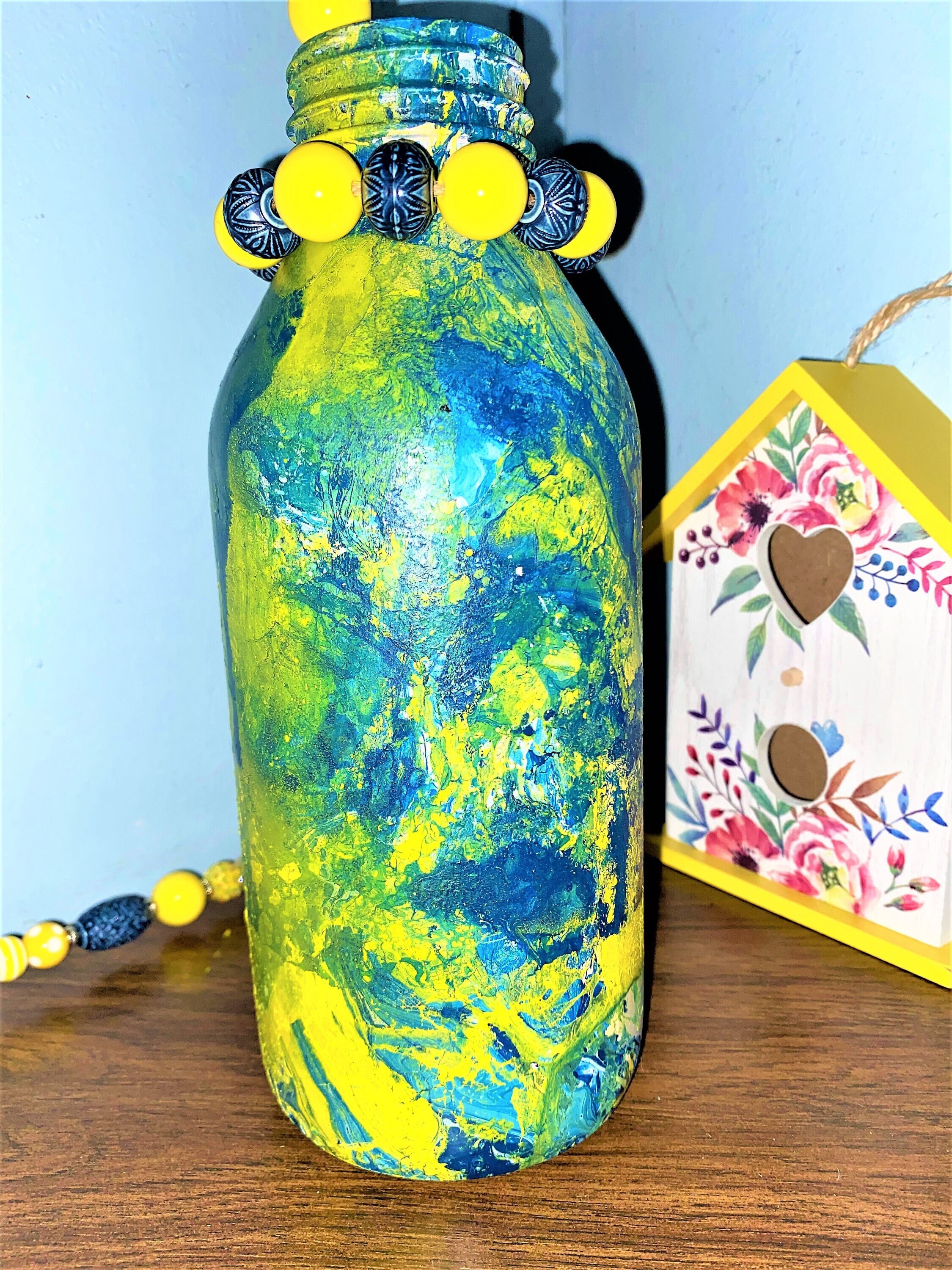 Upcycled Vintage Glass Milk Bottle Handpainted Bright Yellow Etsy