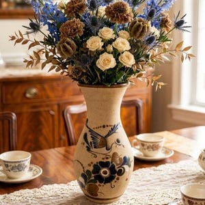 Large Vintage Tonala Mexican Pottery Vase - Signed JC Mex - 10.5" Hand Painted Bird & Flowers - Signed Stoneware Mexican Vase - Boho Folk Art