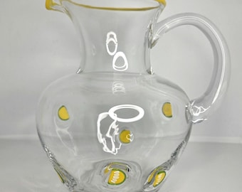 Vintage Artland Lemon Glass Pitcher • Lemon Blown Glass Pitcher • Yellow Citrus Applied Dots • Handblown Art Glass • Pontil Poli