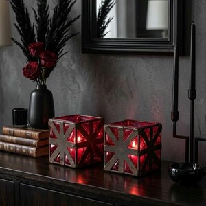 Pair of Ruby Red Blown Glass Candle Holders in Metal Cage | Bougeoirs Cubiques Verre Soufflé Rubis et Métal | Industrial Brutalist Decor