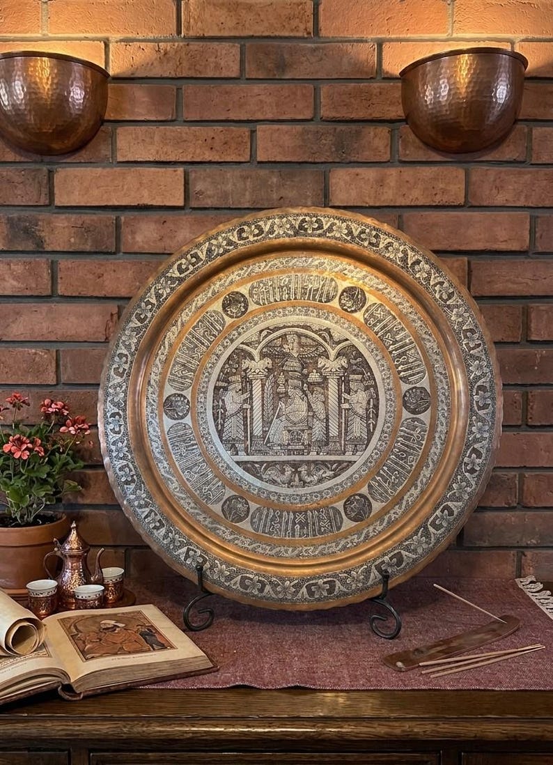 Large 23" Persian Votive Tray - Large Tin-Plated Copper Tray - Isfahan - Persepolis Faravahar - Handmade Qalamzani - Blessing Inscription - 
