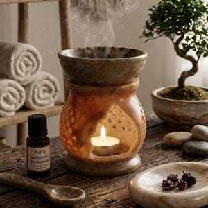 May include: Aroma diffuser with a lit candle, emitting steam. The diffuser is made of brown stone and sits on a wooden surface, alongside a bottle of Aura essential oil, a small bonsai tree, and a decorative dish.