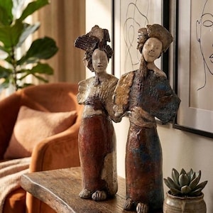 Raku Sculpture Duo - Unique Handmade Ceramic Art - Quebec Pottery Statuettes - Sentinel Women - Signed by Carole Fontaine