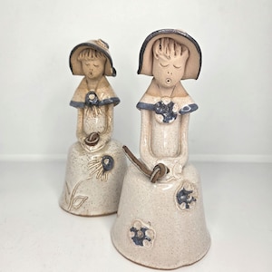 Vintage ADIA Pottery Bells Set of 2 | Stoneware Bells Isle-aux-Coudres Quebec Folk Art | Mid-Century Ceramic Hand-Painted