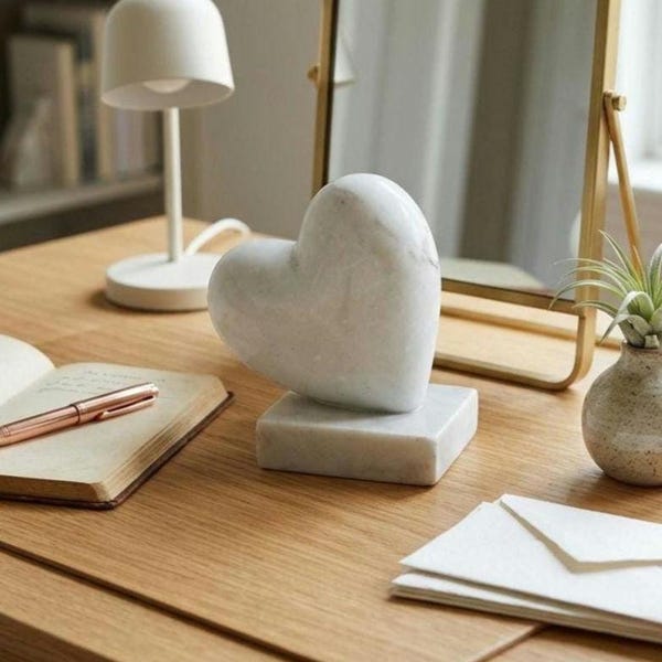 Marble Heart Sculpture on Base, White Marble Heart Statue, Romantic Gift, Natural Stone Heart Decor, Paperweight