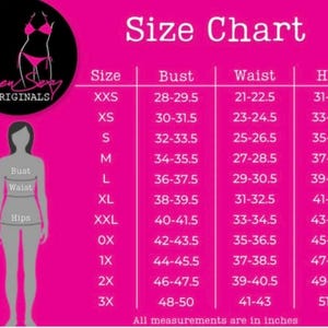 May include: A pink size chart with measurements in inches for bust, waist, and hips. The chart includes sizes from XXS to 3X. The image also features a logo and a silhouette of a person.