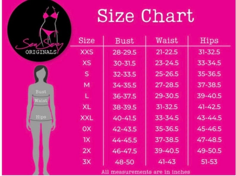 May include: A pink size chart with measurements in inches for bust, waist, and hips. The chart includes sizes from XXS to 3X. The image also features a logo and a silhouette of a person.