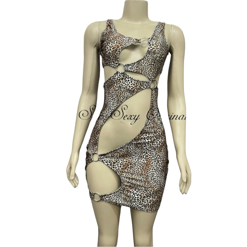 May include: A leopard print mini dress with cut-out details and metal ring accents. The sleeveless dress features a scoop neckline and a bodycon fit. The text "Sexy China" is printed on the dress.