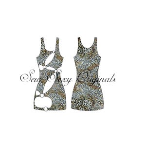 May include: Two leopard print dresses are displayed on a white background. One dress has cutouts with metal ring accents. The other dress is a simple tank dress. The text "Sew Sexy Originals" is written on the image.