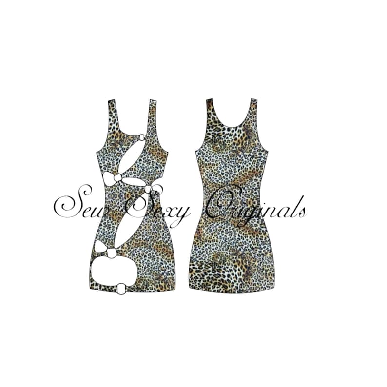 May include: Two leopard print dresses are displayed on a white background. One dress has cutouts with metal ring accents. The other dress is a simple tank dress. The text "Sew Sexy Originals" is written on the image.
