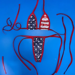 Può includere: Un bikini rosso, bianco e blu con un motivo a stelle. La parte superiore e inferiore del bikini sono collegate da stringhe rosse.