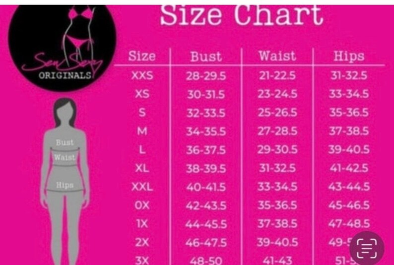 K&ouml;nnte beinhalten: Gr&ouml;&szlig;entabelle f&uuml;r Kleidung mit Ma&szlig;en in Zoll f&uuml;r Brust, Taille und H&uuml;fte. Die Gr&ouml;&szlig;en reichen von XXS bis 3X.