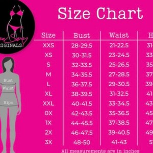 May include: Size chart for clothing with measurements in inches for bust, waist, and hips. Sizes range from XXS to 3X.