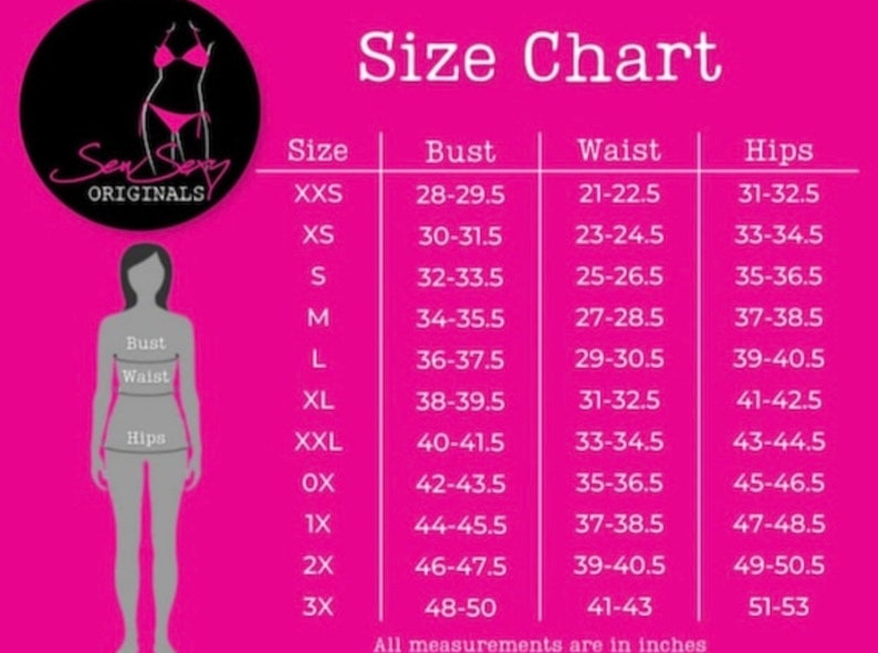 May include: Size chart for clothing with measurements in inches for bust, waist, and hips. Sizes range from XXS to 3X.