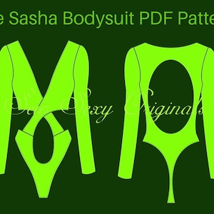 May include: A digital illustration of a lime green bodysuit with long sleeves and a cutout design. The bodysuit has a scoop neck and a high leg opening. The illustration shows the front and back views of the bodysuit.